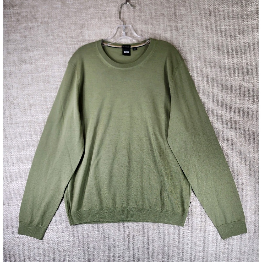 Hugo BOSS Finest Italian Yarn‎ Virgin Wool Sweater Mens L Green Crew Neck EUC